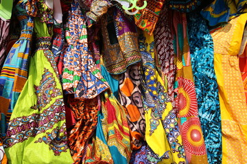 Traditional African Textiles / Beautiful decorated stalls offer colorful African Textiles in Lomé,...