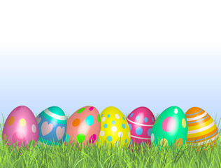 Easter eggs in green grass. Happy easter vector Illustration background 