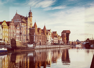 Fototapeta na wymiar Cityscape of Gdansk in Poland,Stylized photo on old, retro, vintage