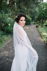 Bride covers her shoulders with veil posing on path in park