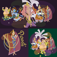 Set of isolated hindu gods meditation in yoga poses lotus and Goddess hinduism religion, traditional asian culture spiritual mythology, deity worship festival vector illustrations, T-shirt concepts