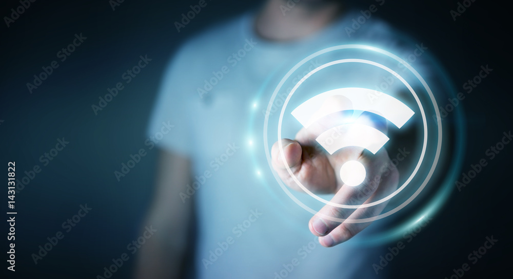 Aufkleber Businessman using free wifi hotspot interface 3D rendering