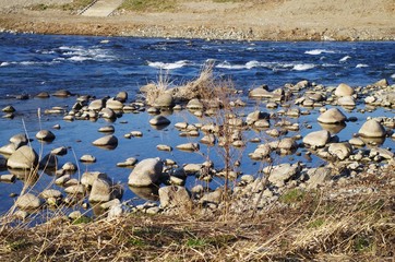 冬の川と石