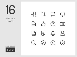 Set 2 of interface icons on the white background. Universal linear icons to use in web and mobile app. - obrazy, fototapety, plakaty