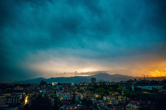 Thunderstorm over Patan at sunset in the Kathmandu Valley, Nepal
