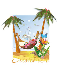 Hammock among the palm trees near the sea. Tropical flowers and a butterfly.