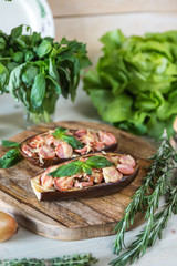 Stuffed sausages eggplant on cutting board