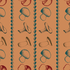 Hand drawn seamless pattern with mushrooms.