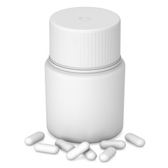 Blank plastic bottle of pills. 3D render illustration isolated on white background. Medical drug pharmacy care and tablet pills antibiotic pharmaceutical