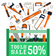 Vector banner with a picture of the tool box and hand tools to repair isolated on a white background. Poster about the beginning of sales of construction tools