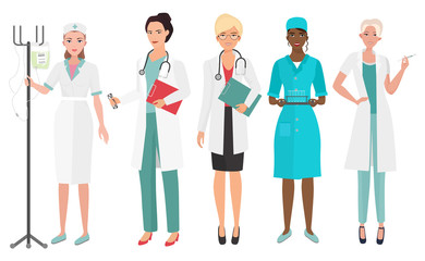 Set of female doctors in different poses. Woman doctor nurse. Vector illustration.