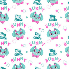 Cut seamless pattern with bunny faces and slogans