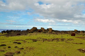 Long shot of fallen Moai in Easter Island, Rapa Nui, Chile, South America