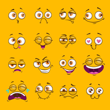 Funny cartoon comic faces on yellow background.