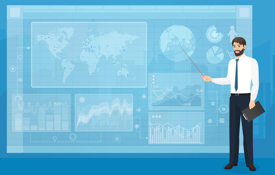 The Man person showing a part of a presentation on the blue background vector illustration. Modern VR interface graph elements.