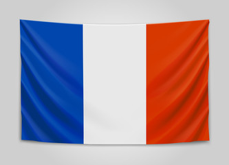 Hanging flag of France. French Republic. French national flag concept.