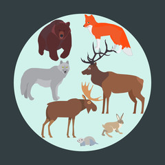 Vector concept with forest animals, arranged in a circle. Isolated on a light background.