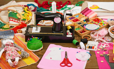 sewing accessories top view, seamstress workplace, many object for needlework, embroidery, handmade and handicraft