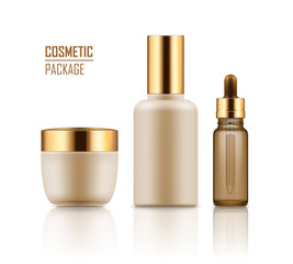 Set of empty realistic package for cosmetic product with gold caps. Blank template of plastic container: jar of cream, serum or essence in vial with dropper. Vector mockup on white background.