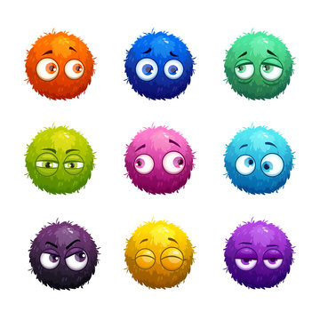 Funny cartoon colorful shaggy balls with eyes.