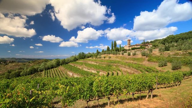 Time lapse 4k  of a vineyard in the shape of an amphitheater,  with church and clouds, Tuscany, Italy