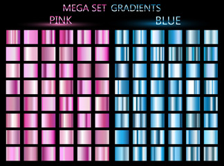 Set of blue and pink gradients.Metallic squares collection,Vector illustration.