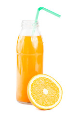 Orange juice. Isolated drink. A glass of orange juice and pieces of orange fruit isolated on white background. Citrus. Diet. Vitamins. Healthy food.