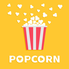 Popcorn popping. Red yellow strip box package. Fast food. Cinema movie night icon in flat design style. Yellow background with white text. Vector illustration - obrazy, fototapety, plakaty