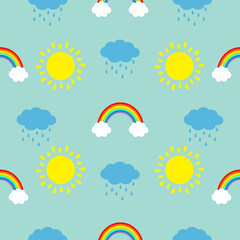 Cute cartoon sun, cloud with rain, rainbow set. Baby Seamless Pattern Wrapping paper, textile template. Blue background. Flat design.