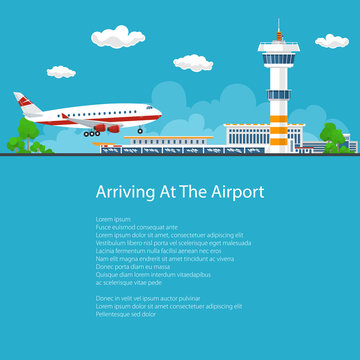 Poster Passenger Plane Arrives at the Airport ,the Plane Comes in to Land on the Background of the Control Tower, Brochure Flyer Design, Vector Illustration