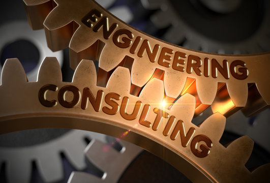 Engineering Consultingon Golden Cog Gears. Engineering Consulting on Mechanism of Golden Gears with Lens Flare. 3D Rendering.