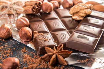 Chocolate pieces, filbert, chocolate shavings and walnut on dark background.