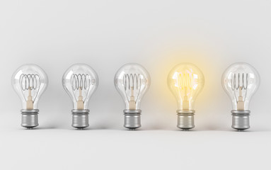 Light bulbs with glowing one different. 3D rendering