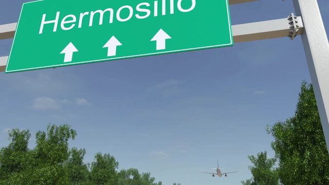 Airplane arriving to Hermosillo airport. Travelling to Mexico conceptual 4K animation
