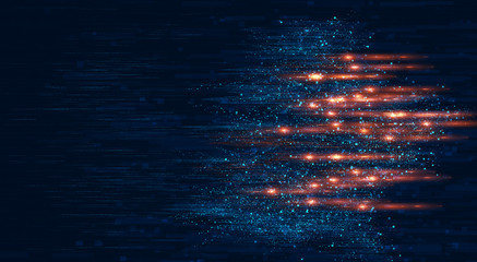 Digital background of blue particles and bright light moving in the space.