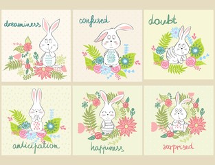 Fototapeta na wymiar Set of cartoon bunny with various emotions.