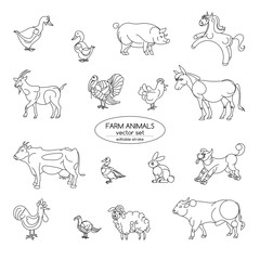 Farm animals, thin line style, flat design. Editable Stroke.