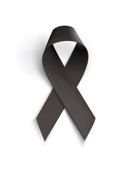 Realistic black awareness ribbon, isolated on white.  Mourning and melanoma sign. Vector illustration