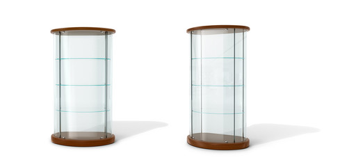 Empty glass showcase on a white background. 3D illustration.
