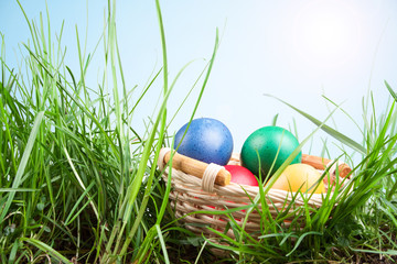 Colorful Easter eggs in a basket