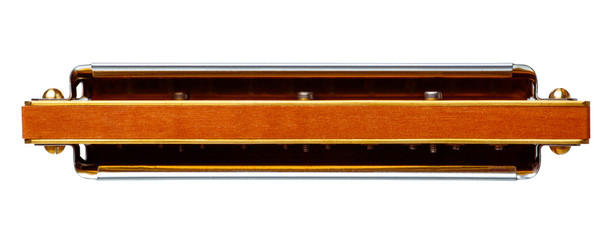 Rear view of a harmonica, which is isolated on a white background.
