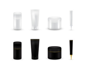 Blank cosmetic package collection set isolated on white background. Realistic cosmetic bottle mock up set. Shampoo and cream pack. Black and white color.