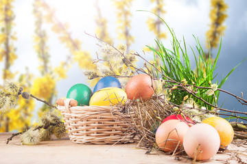 Colorful Easter eggs in a basket