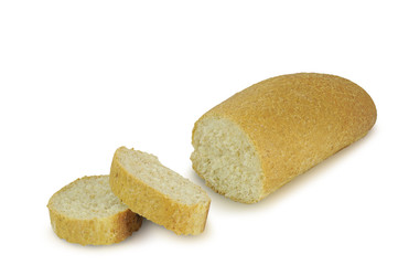 Long loaf of bread sliced isolated on white background