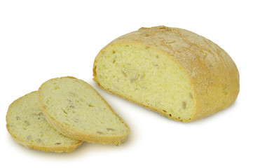 Round Loaf of bread (Ciabatta) Sliced isolated on white background