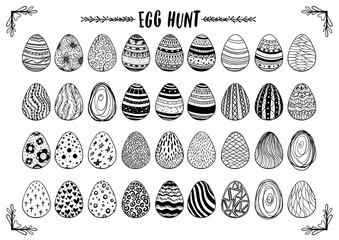 Black and white hand drawn ornamental easter eggs set.