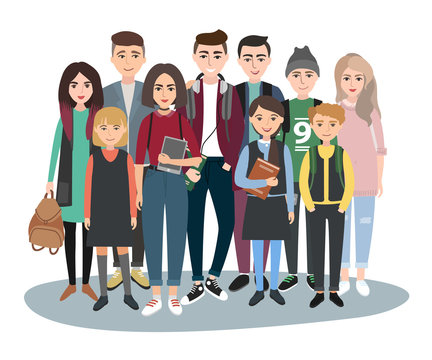 Young students group. School community. Vector illustration of a flat design. stylish girsl and boys. Hipster students. Trendy youth. Friends