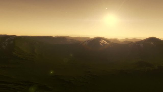 No Mans Land - A CG animation showing a flight through deserted green plains during sunset
