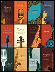 set of twelve vertical business cards with musical instruments on colored backgrounds