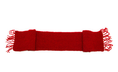 Red knitted scarf on a white background.